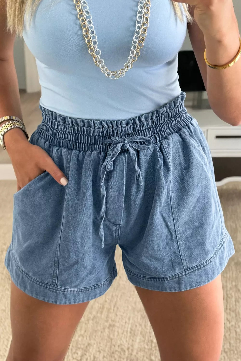 Smocked Elastic Waist Denim Shorts product image 1
