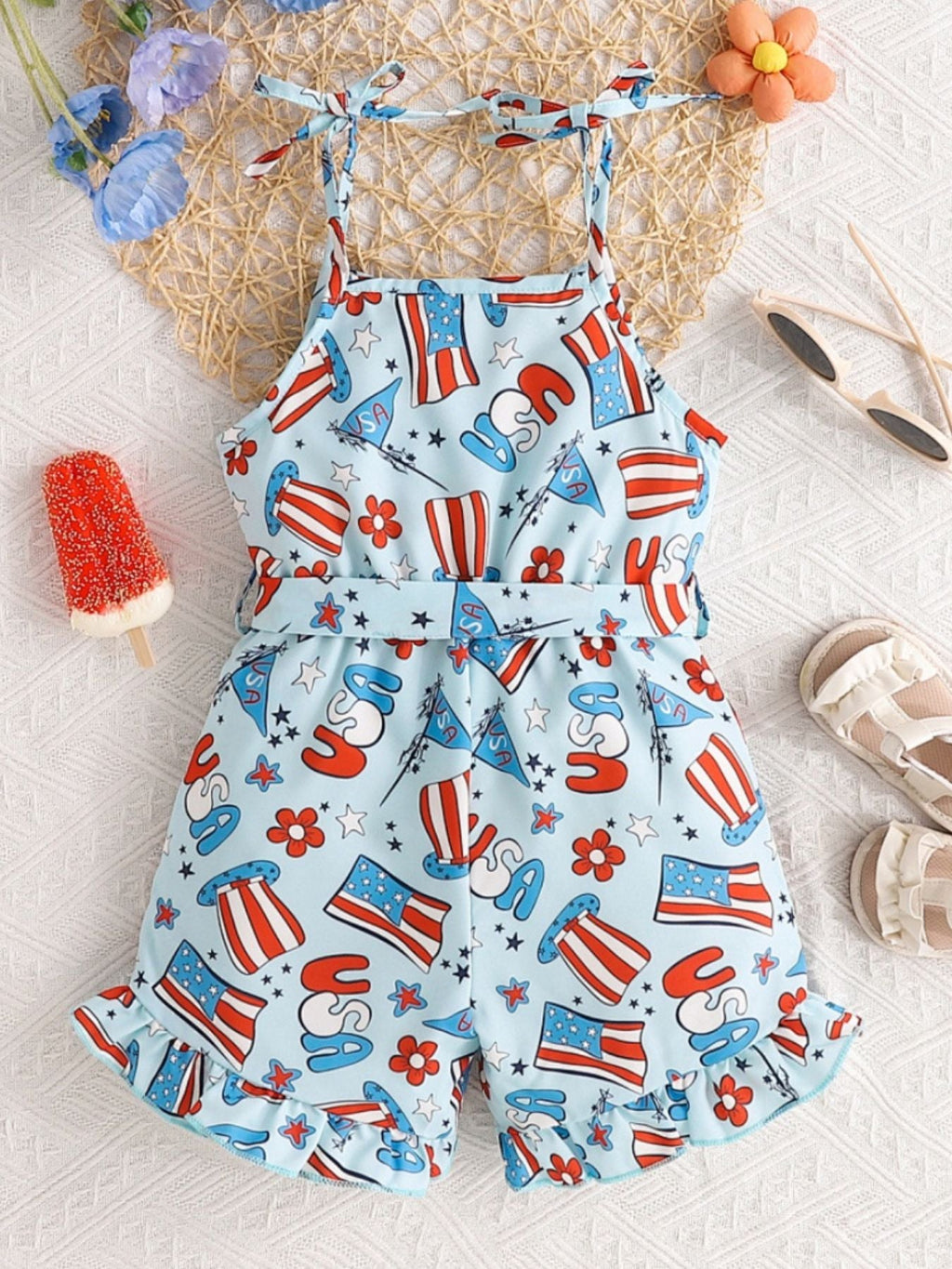 Children's Patriotic Print Tie Strap Ruffle Hem Jumpsuit
