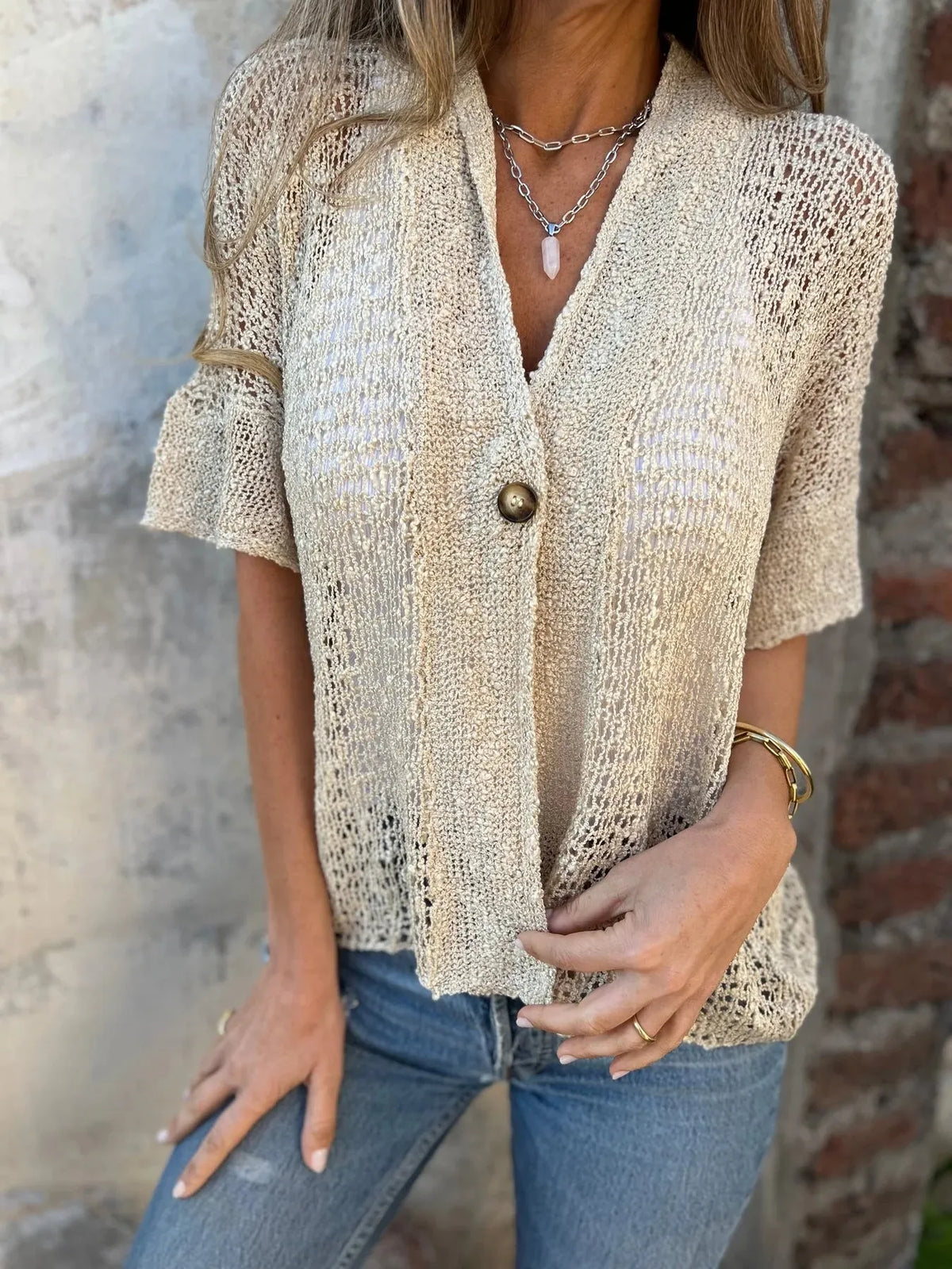 Full Size One Button Openwork Cardigan Plus Size