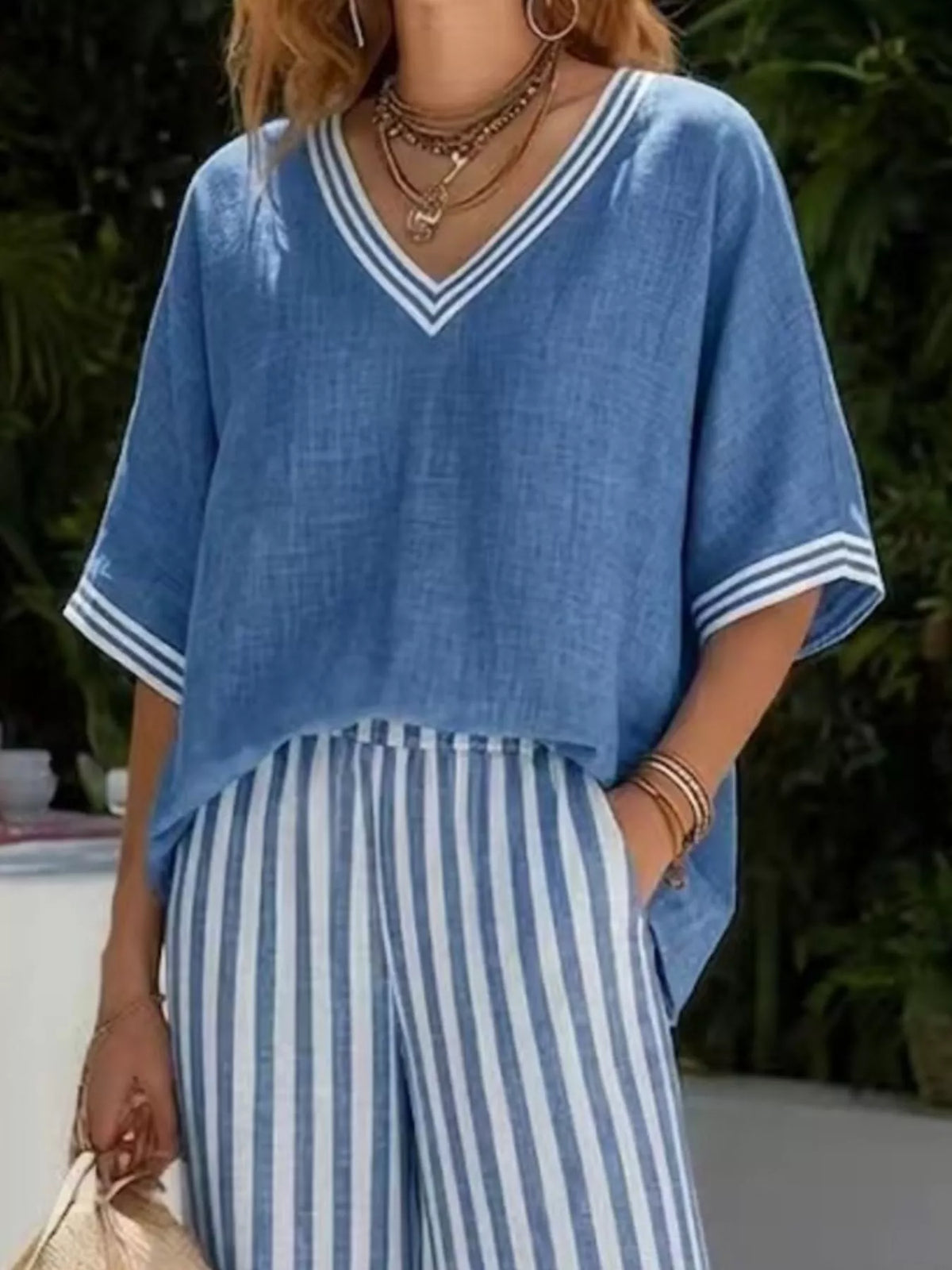 Full Size Striped V-Neck Top and Wide Leg Pants Set Plus product image 2