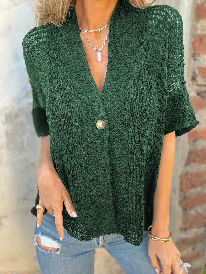 Full Size One Button Openwork Cardigan Plus Size