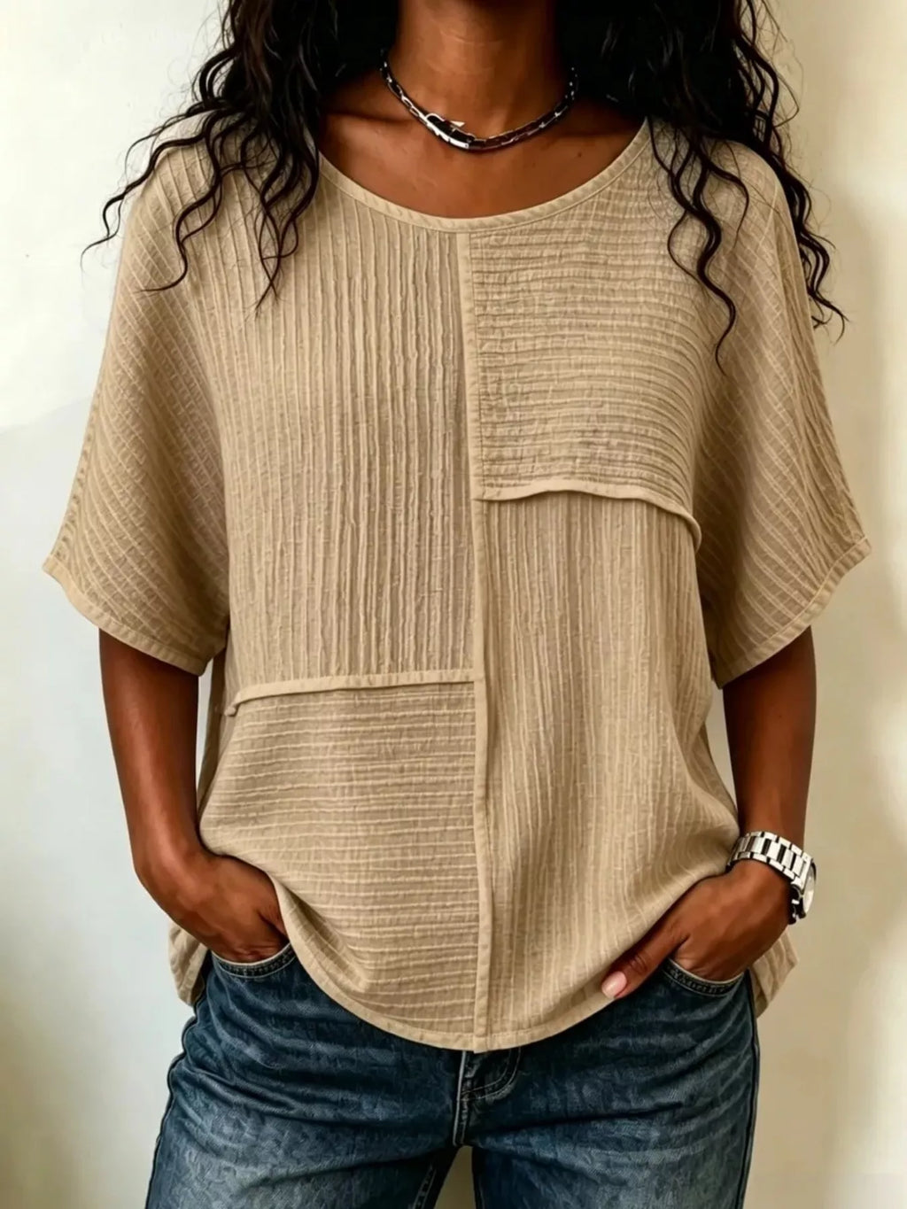 Full Size Texture Round Neck Half Sleeve Blouse Plus Size