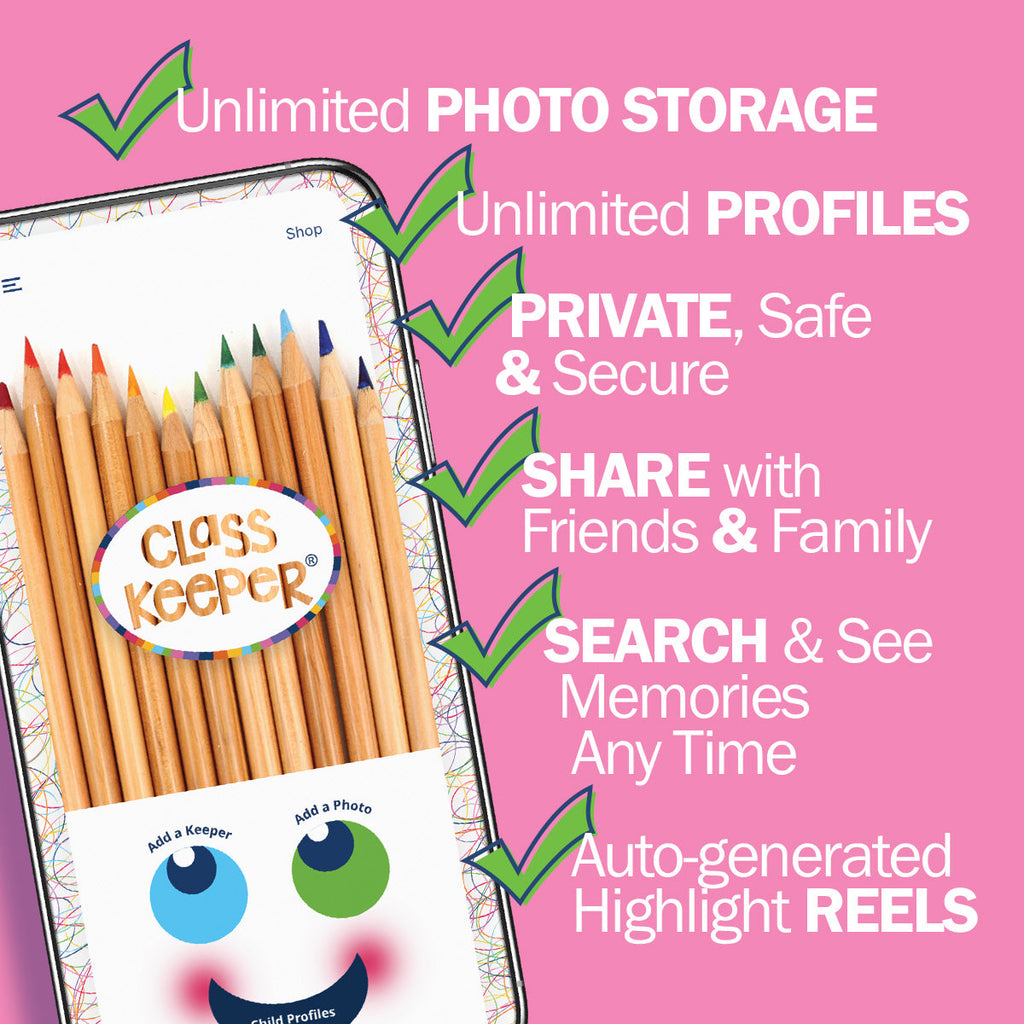 Mom Must-Have School Keepsake Kit | Class Keeper®, Photo Prop Deck & School Stickers | BONUS! App Membership + BONUS! Earn & Learn® Chore Chart Pad | (4) Styles
