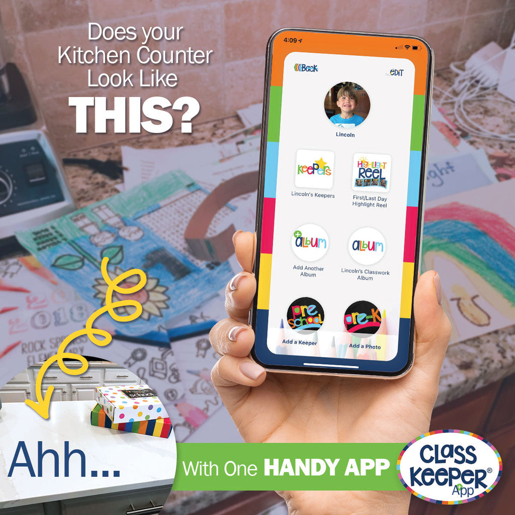 Mom Must-Have School Keepsake Kit | Class Keeper®, Photo Prop Deck & School Stickers | BONUS! App Membership + BONUS! Earn & Learn® Chore Chart Pad | (4) Styles
