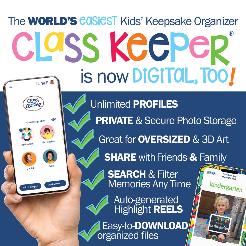 Mom Must-Have School Keepsake Kit | Class Keeper®, Photo Prop Deck & School Stickers | BONUS! App Membership + BONUS! Earn & Learn® Chore Chart Pad | (4) Styles