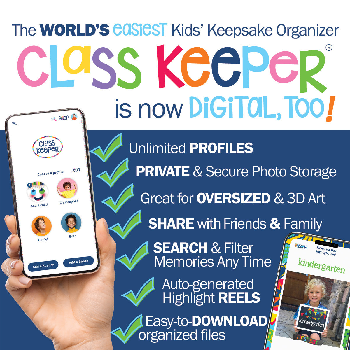 Mom Must-Have School Keepsake Kit | Class Keeper®, Photo Prop Deck & School Stickers | BONUS! App Membership + BONUS! Earn & Learn® Chore Chart Pad | (4) Styles