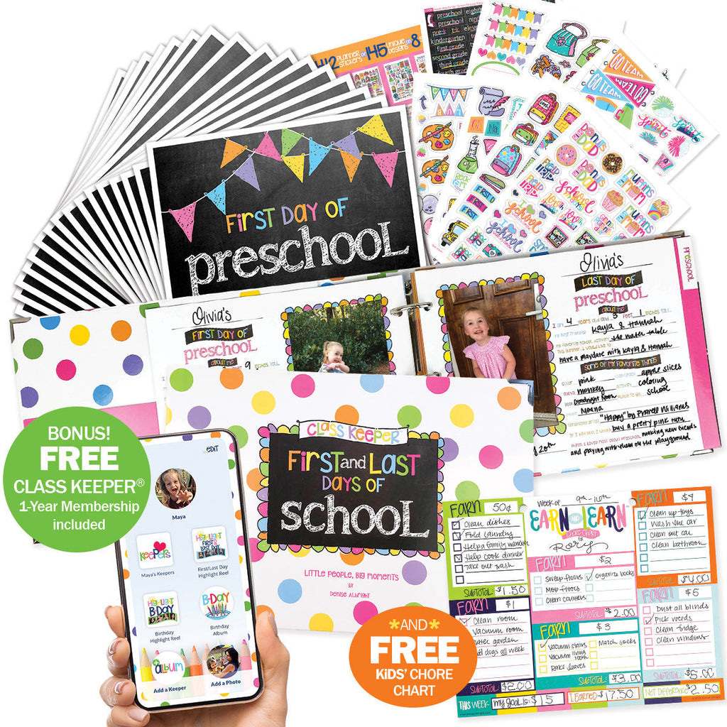 Mom Must-Have School Keepsake Kit | Class Keeper®, Photo Prop Deck & School Stickers | BONUS! App Membership + BONUS! Earn & Learn® Chore Chart Pad | (4) Styles