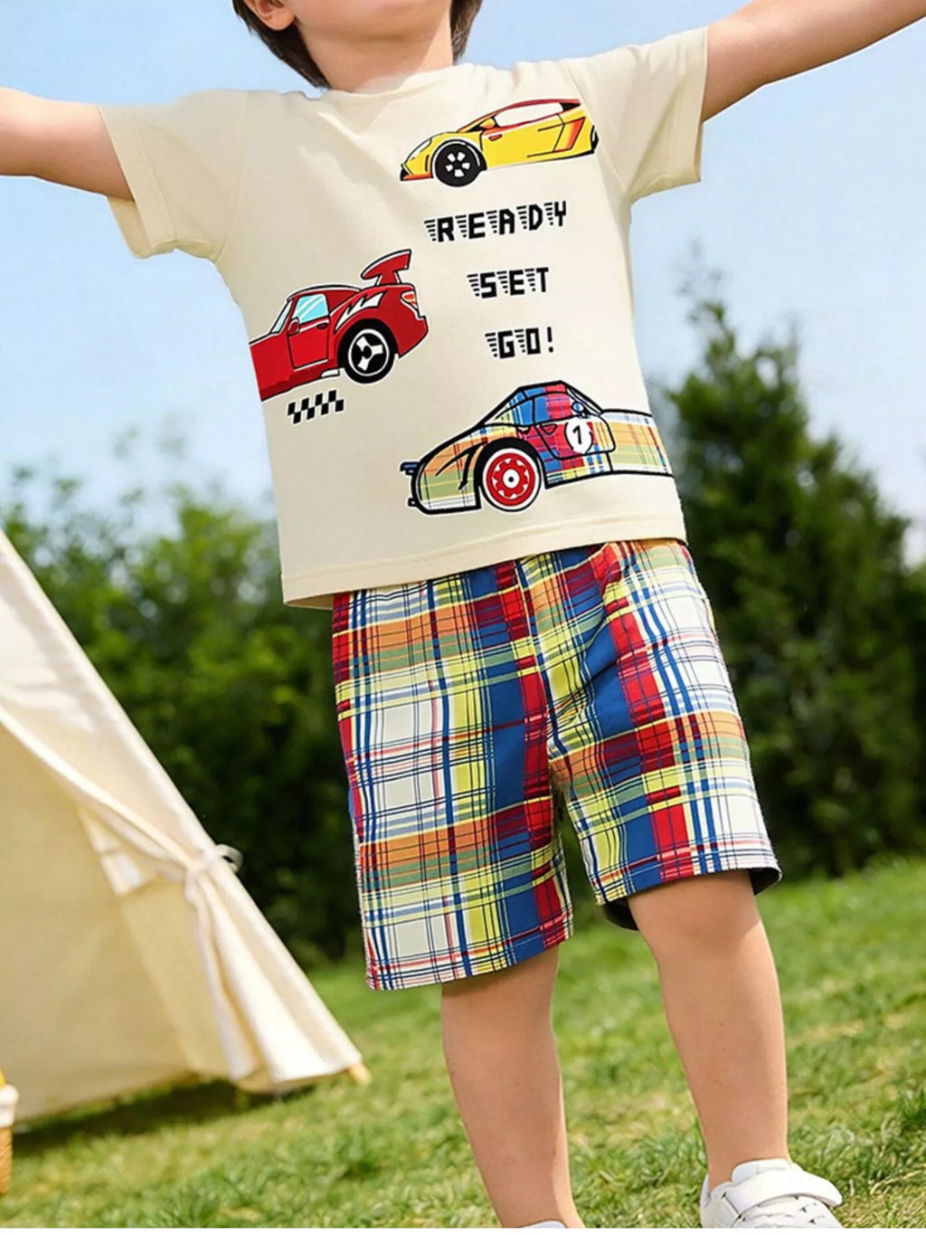 Children's Racing Car Print T-Shirt and Plaid Shorts Set product image 1