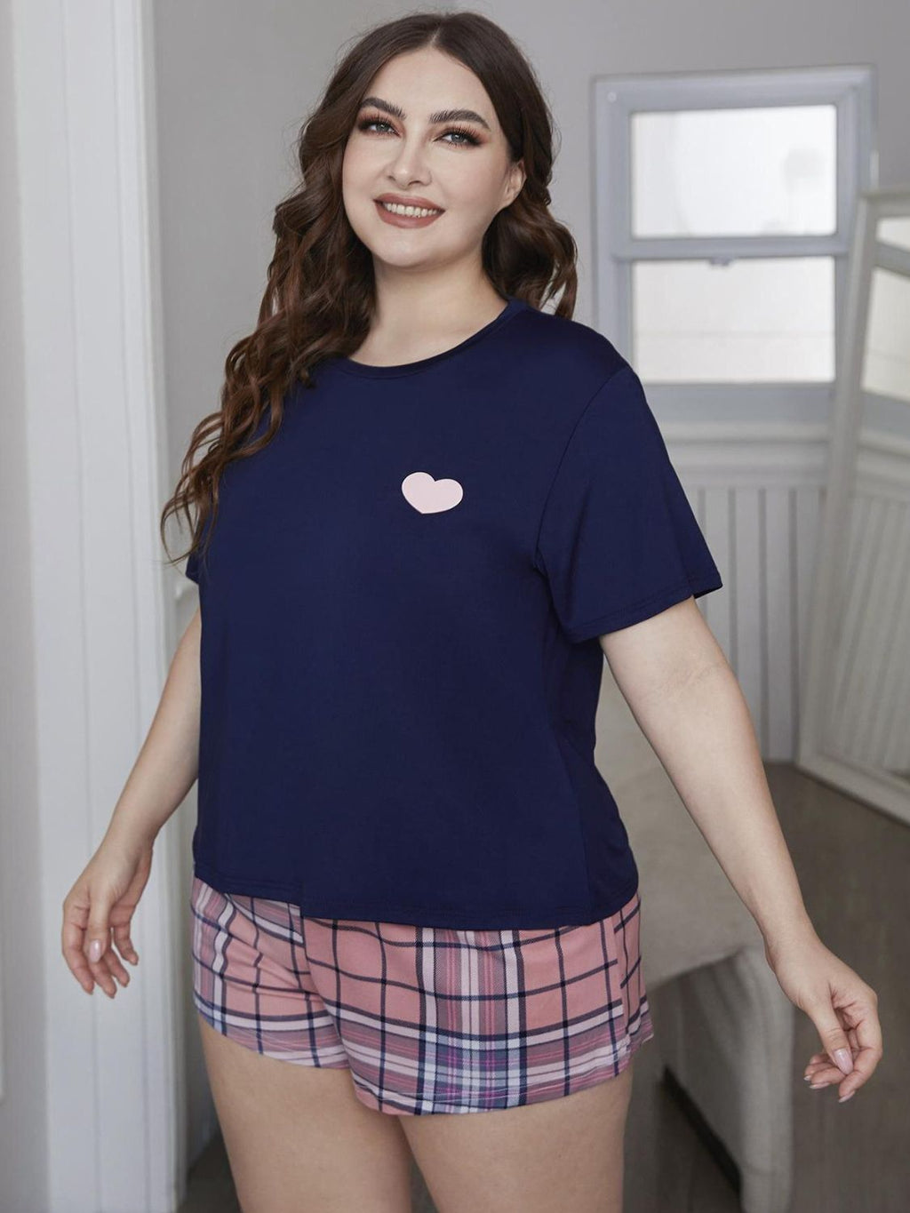 Plus Size Heart Graphic Top and Plaid Shorts Loungewear Set product image 1