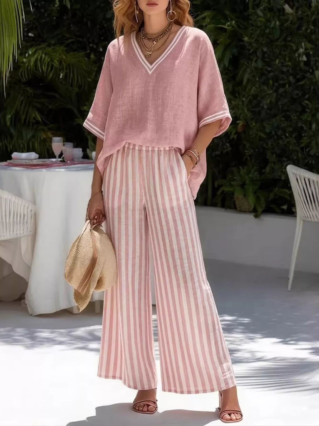 Full Size Striped V-Neck Top and Wide Leg Pants Set Plus product image 4