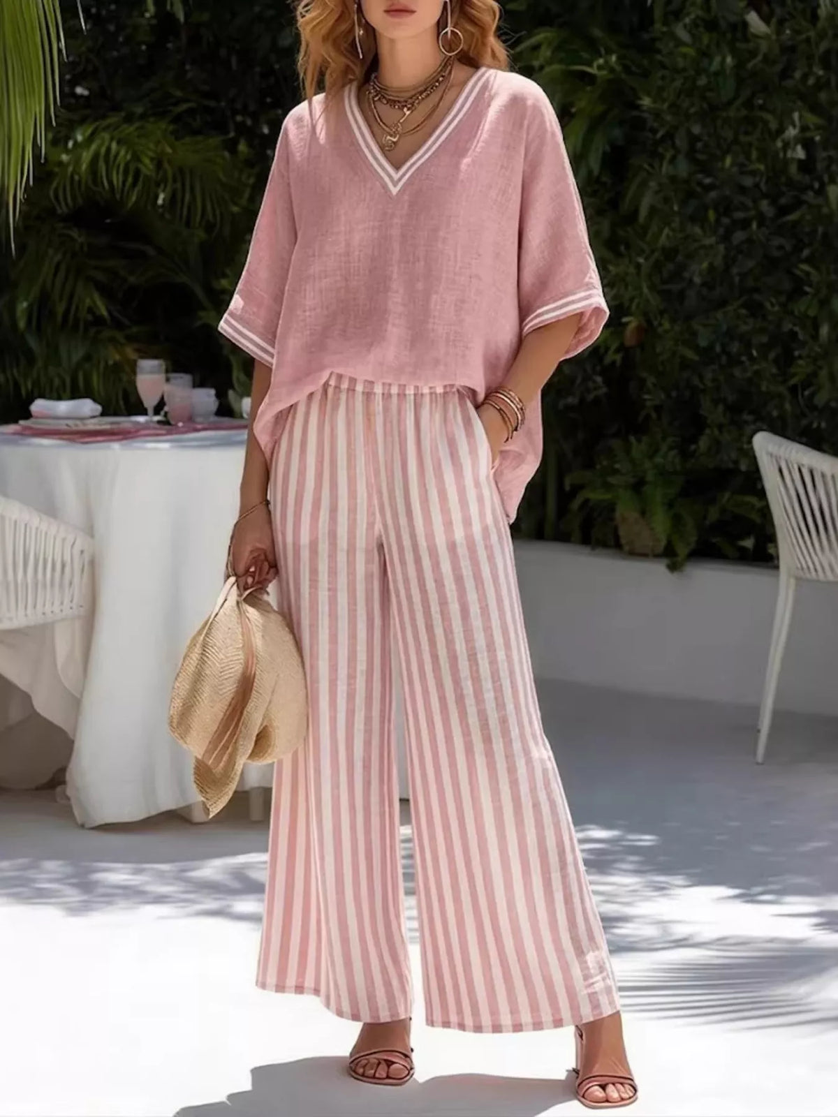 Full Size Striped V-Neck Top and Wide Leg Pants Set Plus product image 4