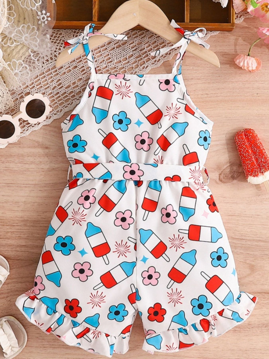 Children's Patriotic Print Tie Strap Ruffle Hem Jumpsuit