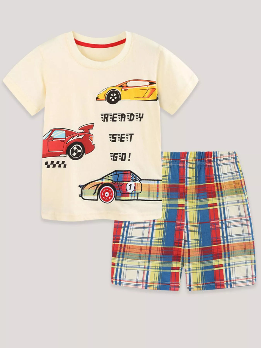 Children's Racing Car Print T-Shirt and Plaid Shorts Set product image 2
