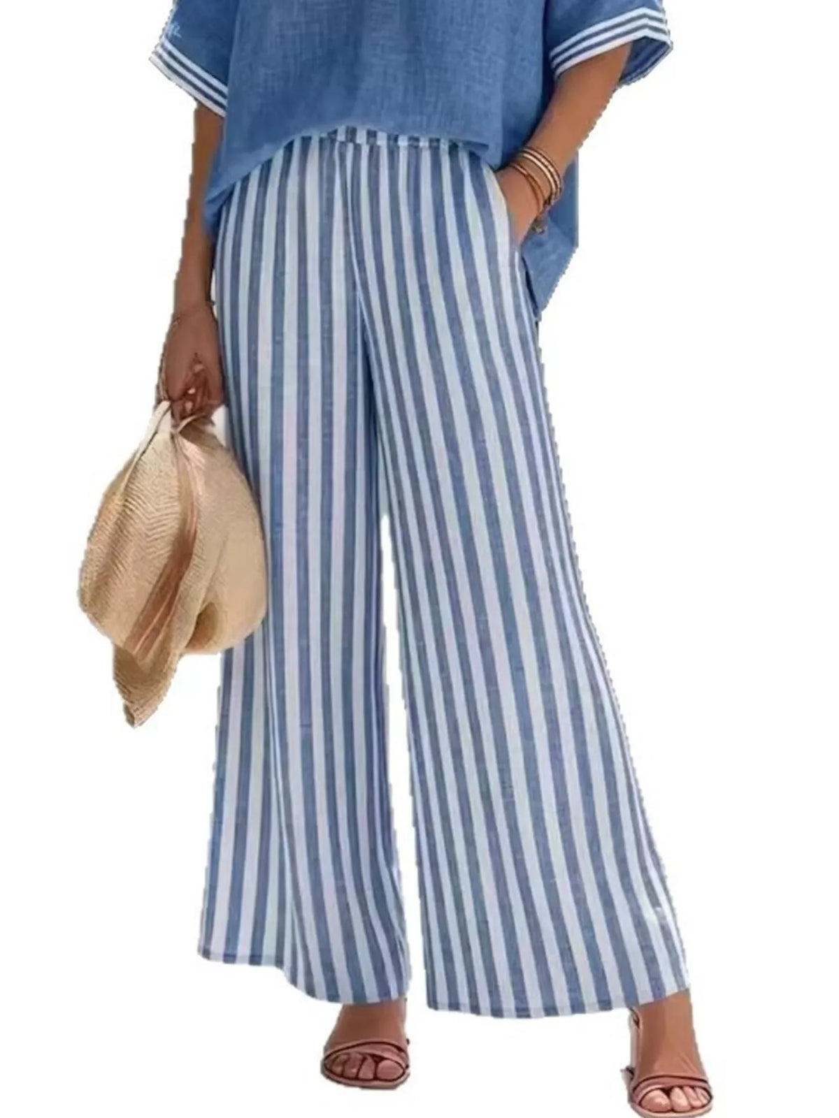 Full Size Striped V-Neck Top and Wide Leg Pants Set Plus product image 3