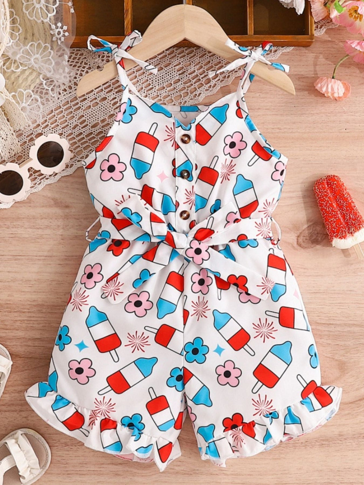 Children's Patriotic Print Tie Strap Ruffle Hem Jumpsuit