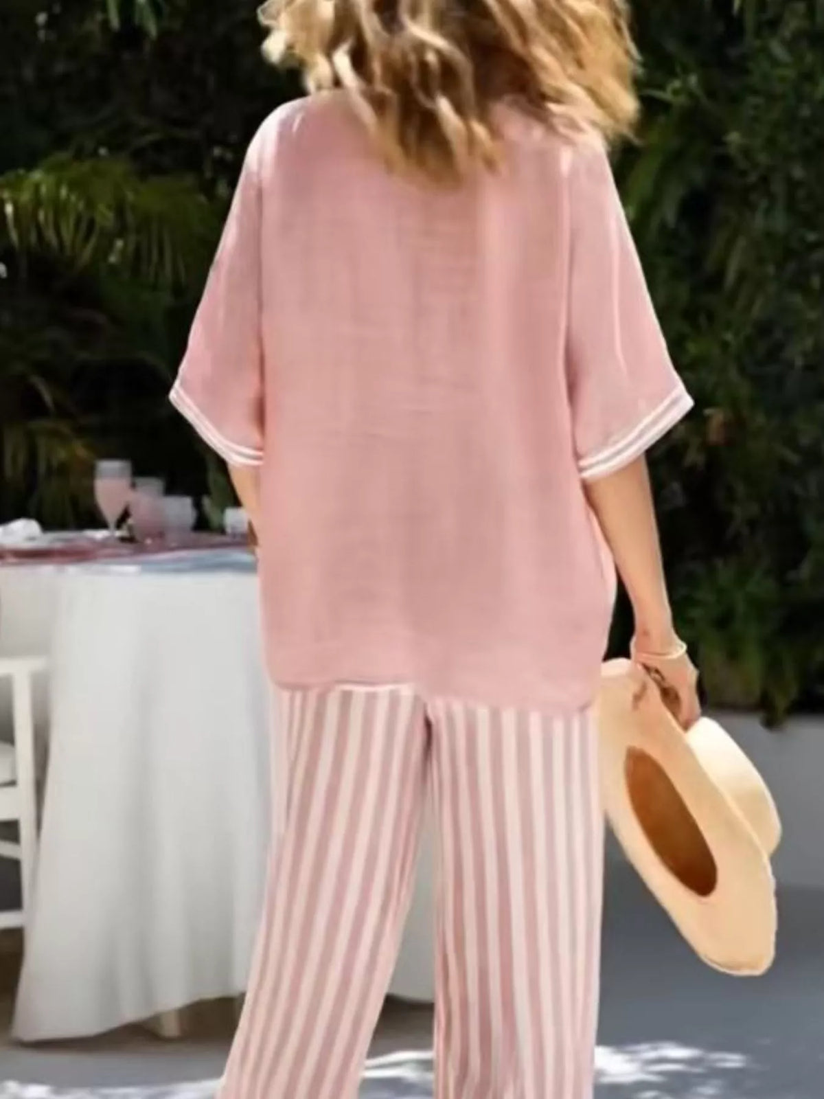 Full Size Striped V-Neck Top and Wide Leg Pants Set Plus product image 5