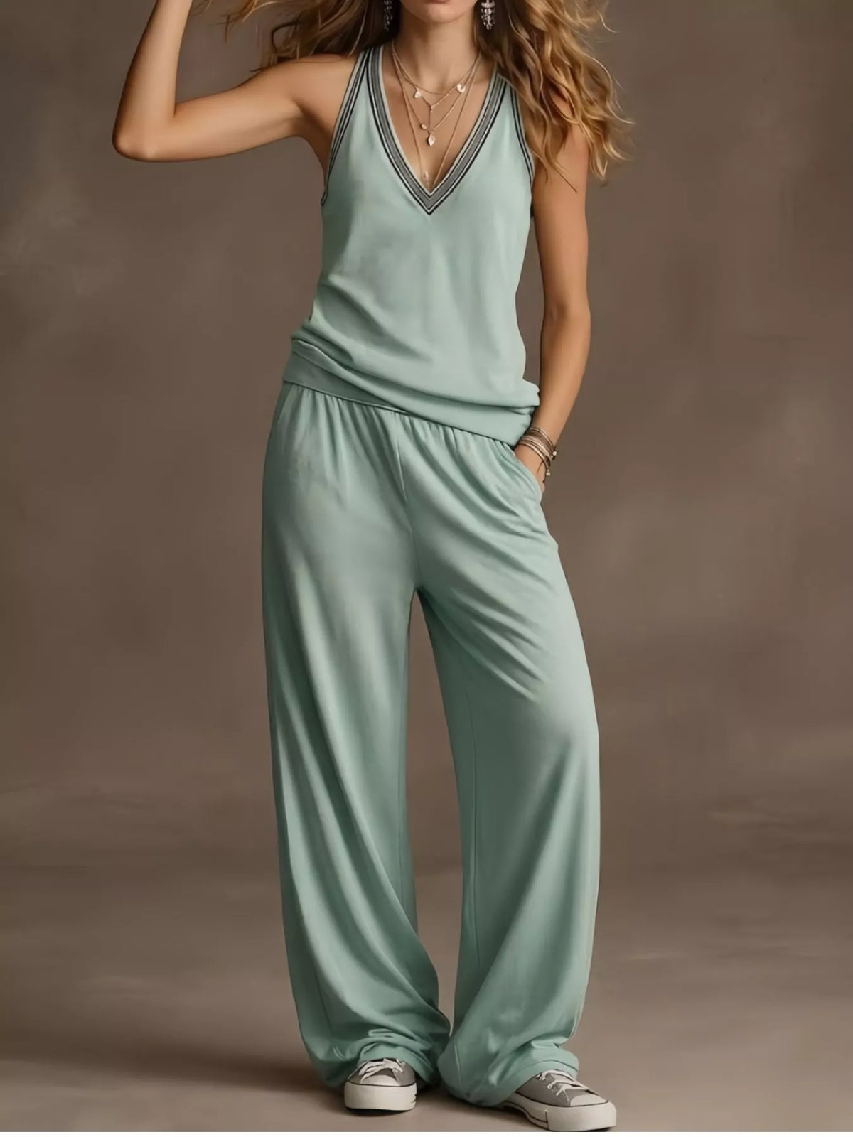 Full Size V-Neck Tank Top & Wide-Leg Pants Set Plus product image 1
